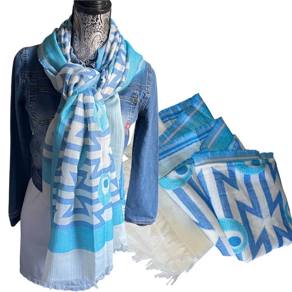 Alliance Peacock Eye Abstract Geometric Scarf Blue‎ White Cotton